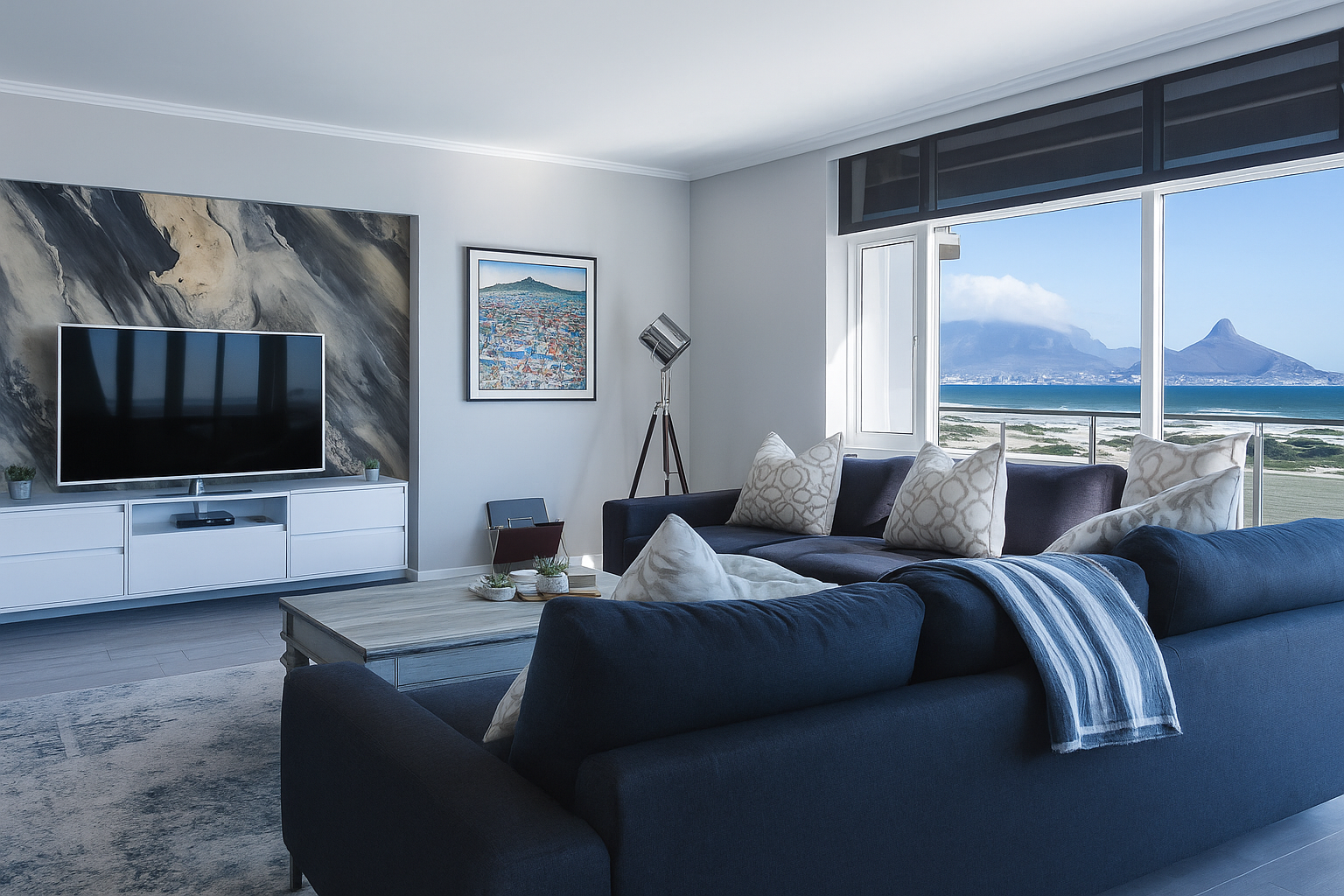 Professional installation of Midnight Lagoon Eco stone wall panels in a Tenerife Livingroom