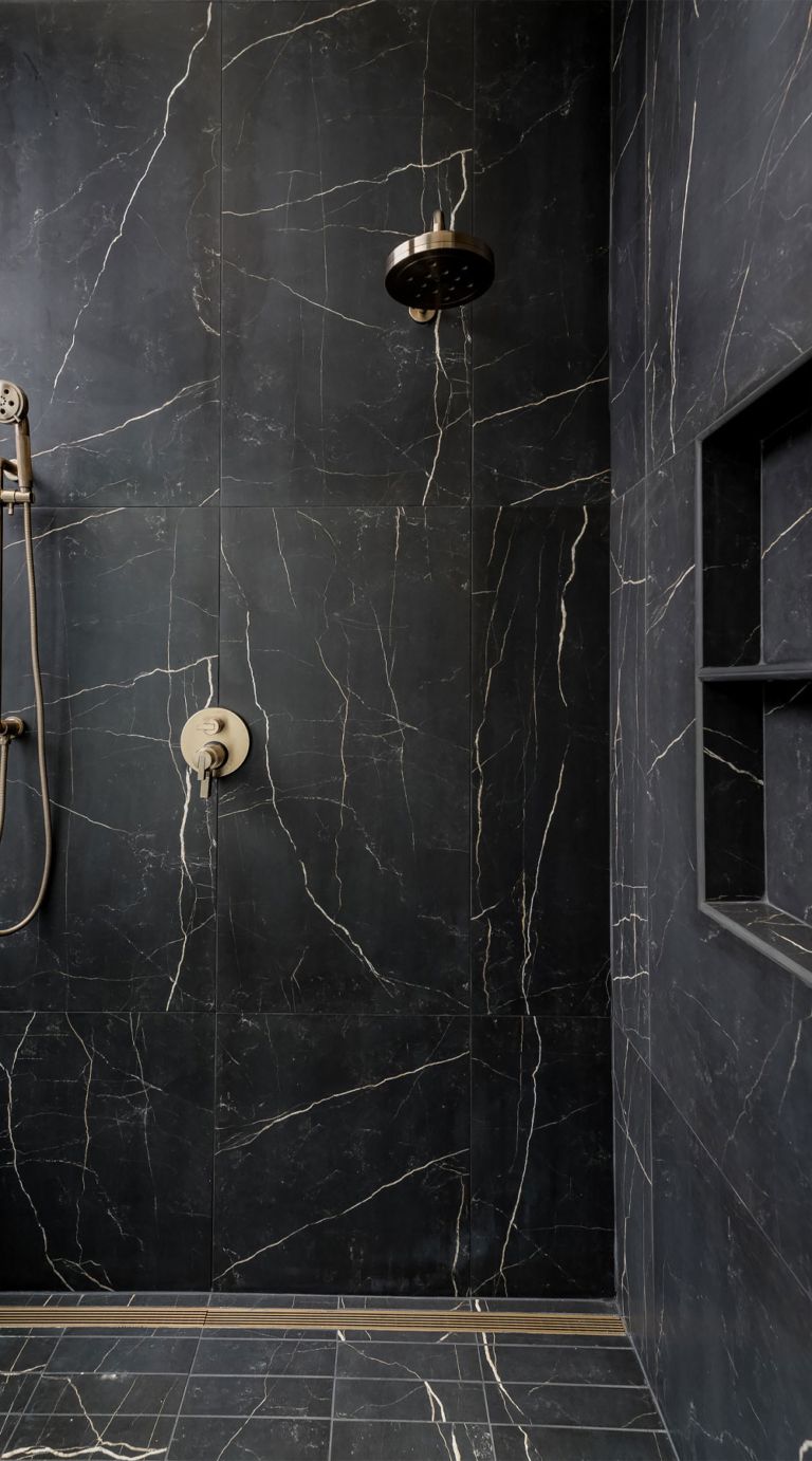 Professional installation of Noir elegance matte Eco stone wall panels in a Tenerife bathroom