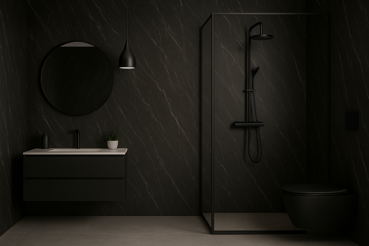 Modern black bathroom with shower, sink, and mirror Tenerife